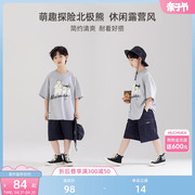 木可木可夏季男童套装三只小熊短袖T恤儿童黑色时尚运动休闲短裤