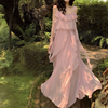 超仙优雅荷叶边仙女裙粉色，显瘦吊带连衣裙，2023夏装沙滩度假裙