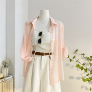 粉色格子防晒雪纺衬衫女夏季薄款微透设计感宽松百搭长袖开衫上衣