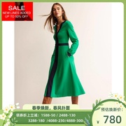 UNI CLOSET长袖连衣裙绿色V领中长一步裙优雅英伦风气质百搭显瘦