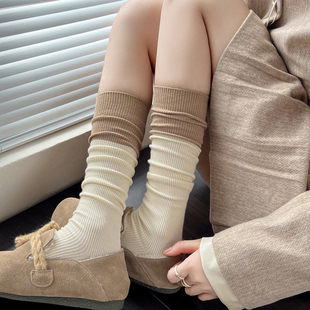 秋冬米白色小腿袜条纹咖色中筒袜拼接灰色不过膝袜韩版棉堆堆袜子