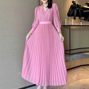 欧洲站2021春夏女装，轻奢名媛气质，粉红色修身礼服连衣裙长裙