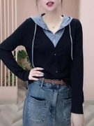 设计感假两件T恤上衣女春秋季2025新款韩版百搭气质连帽时尚卫衣