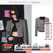PikPak时尚灰色人字纹镶边链条金扣外套百搭女CHENSHOP设计师品牌