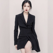秋季欧美时尚女装黑色翻领修身显瘦气质长袖不规则小西装套女