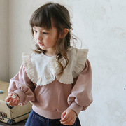 韩国童装2022秋冬女童蕾丝翻领甜美上衣中大童纯棉娃娃衫公主卫衣
