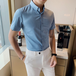 夏季男装修身免烫短袖，衬衫韩版英伦薄款衬衣舒适透气上衣上班衬衫