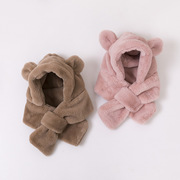 1-3岁小熊婴儿帽子秋冬季保暖护耳绒帽儿童宝宝围巾帽子一体帽