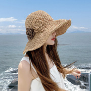 夏天草帽女夏沙滩帽子花朵可折叠防晒遮阳帽度假防晒编织遮阳帽女