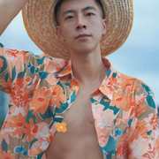 型男痞帅个性印花短袖休闲沙滩花衬衫五分袖男度假泰国夏威夷男女