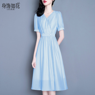 2024夏季淑女装修身显瘦气质名媛a字裙中长款短袖蓝色连衣裙