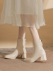 短靴女2023秋冬季米白色粗跟软皮浅色低帮中跟方头韩系小踝靴