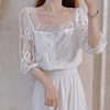法式方领衬衫女夏季超仙短款小众设计感网纱泡泡袖很仙的蕾丝上衣