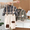 男童背带裤套装帅气儿童春季休闲长袖格子衬衫两件套宝宝韩系衣服