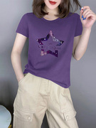 紫色印花短袖t恤女士2024夏季欧货洋气大码显瘦打底体恤上衣