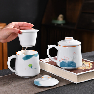 手绘茶杯高档个人专用陶瓷带盖过滤办公室喝茶泡茶杯子茶水分离杯