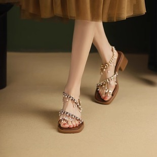 羊皮版~波西米亚夹脚粗跟珍珠，吊坠凉鞋女夏季方头金色水钻罗马鞋