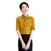 2023春夏黄色短袖衬衫女士韩版职业修身工作衣服正式装