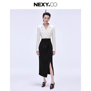 NEXY.CO/奈蔻2024年春季气质商务黑白拼接连衣裙女XF05196