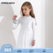 LynnMilo琳麦罗2023女童洋装白色针织蕾丝网纱长袖洋派裙子