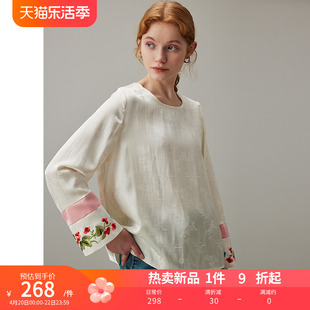 dfvc春季中国风白色，圆领刺绣衬衫2024女拼接绣花衬衣宽松薄款