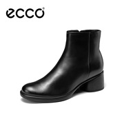 ECCO爱步女靴短靴牛皮圆头粗跟切尔西靴通勤时装靴雕塑奢华222413