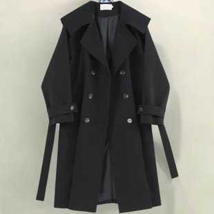 春秋黑色娃娃领中长款风衣外套，2024宽松系带显瘦大衣今年流行