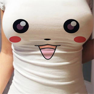 性感3D大胸奶显胸大眼睛可爱表情包女主播小姐姐性感凸显T恤短袖
