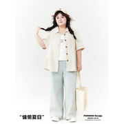 老章和小胖PONGKIKI大码日系条纹衬衫女夏季胖mm宽松休闲衬衣短袖