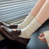 秋冬款棉质短袜女韩版米白色小腿，袜竖条木耳边中筒袜子灰色堆堆袜