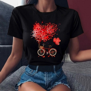 womentshirt夏季时尚，红色爱心自行车，印花显瘦女士黑色t恤