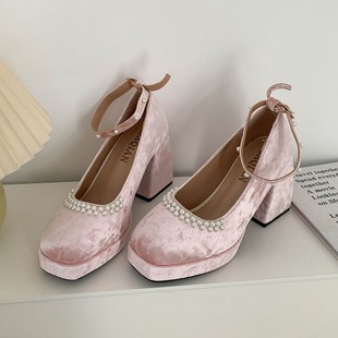 粉色法式粗跟玛丽珍跟鞋女2024春季小香风浅口配裙子鞋子