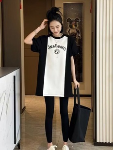 欧货中长款短袖T恤女夏宽松黑白拼色字母印花设计感小众上衣