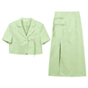 绿色西装领一粒扣短袖上衣高腰开叉，包臀半身裙套装