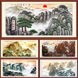 有山无水背景图泰山，日出风景贴画，自粘墙纸山水客厅沙发装饰画大气