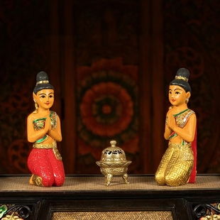 泰国迎宾佛像木雕跪佛玄关摆件，东南亚风情侍女酒店会所摆件装饰