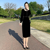 2023秋季法式赫本长裙，黑色高级感气质金丝绒长袖显瘦连衣裙女