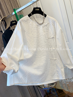 DHR 新中式盘扣蕾丝假两件棉布衬衫上衣女装宽松休闲2024春季