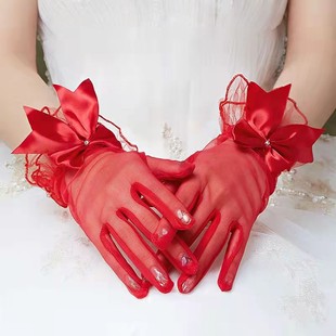 红手套新娘复古婚纱蕾丝白色，蝴蝶结网纱，婚庆婚礼短款缎面薄夏季女