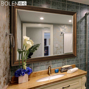 bolen浴室镜子复古做旧美式欧式浴室柜镜子，壁挂卫生间洗漱台镜子