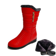 冬季坡跟加厚真皮保暖雪地靴女平底防水高帮红色，女靴子时尚中筒靴