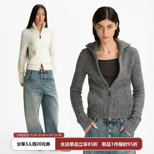 SMIIILE冬季修身双拉链高领羊驼毛针织开衫毛衣外套白色/灰色上衣