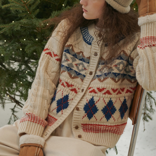 一方二集复古圣诞新年氛围，冰岛全羊毛，粗棒针织开衫毛衣
