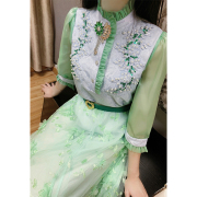 芙娜妮2024春夏潮两件套时尚刺绣立领高级感薄荷绿套装女F2312906
