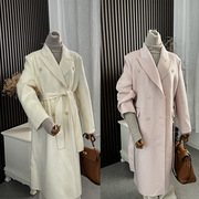 2023秋冬双面手缝羊驼毛大衣韩系西装，领双排扣高级感毛呢外套白色
