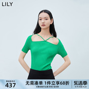 商场同款lily2023夏女装(夏女装，)时尚纯色别致吊带式五分袖针织衫