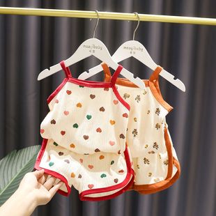 1-5女宝宝洋气小清新套装3女婴儿夏装韩版女童，吊带短裤纯棉两件套