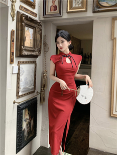 新中式国风复古气质高级感褶皱显瘦包臀改良旗袍连衣裙女夏季
