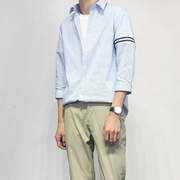 dh鸟厂男装夏季男士合身七分袖蓝白条纹(白条纹，)衬衫男织带撞袖衬衣
