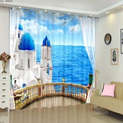 来图定制地中海窗帘2023蓝天沙滩海景风景客厅，卧室遮光窗纱布
